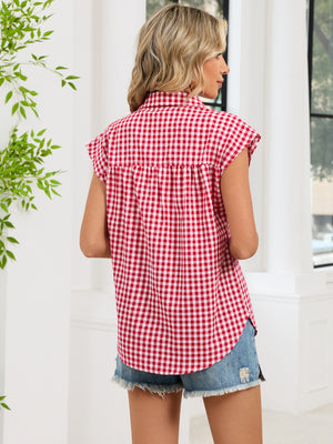 Plaid Button Up Cap Sleeve Shirt in Blue