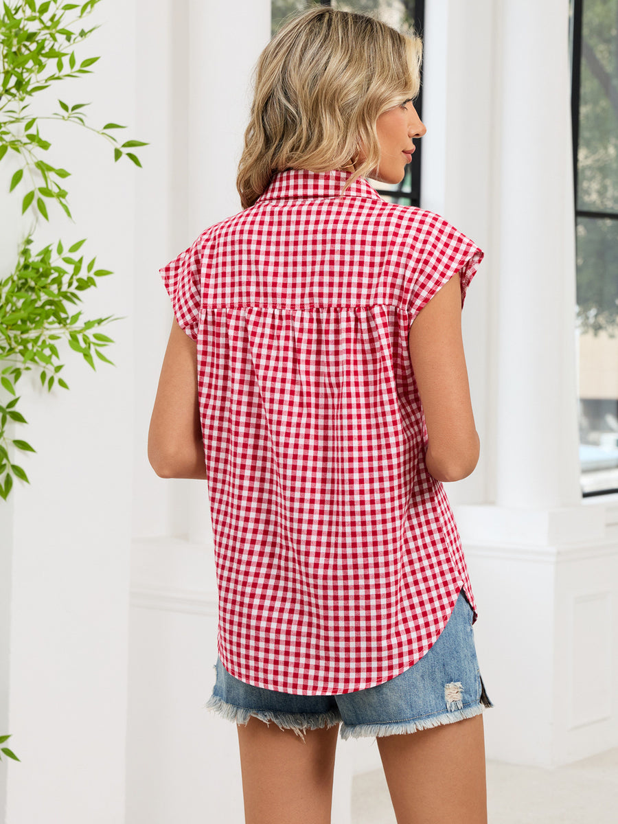 Plaid Button Up Cap Sleeve Shirt in Blue