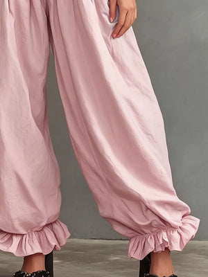 Full Size Smocked Ruffle Hem Wide Leg Pants in Mustard