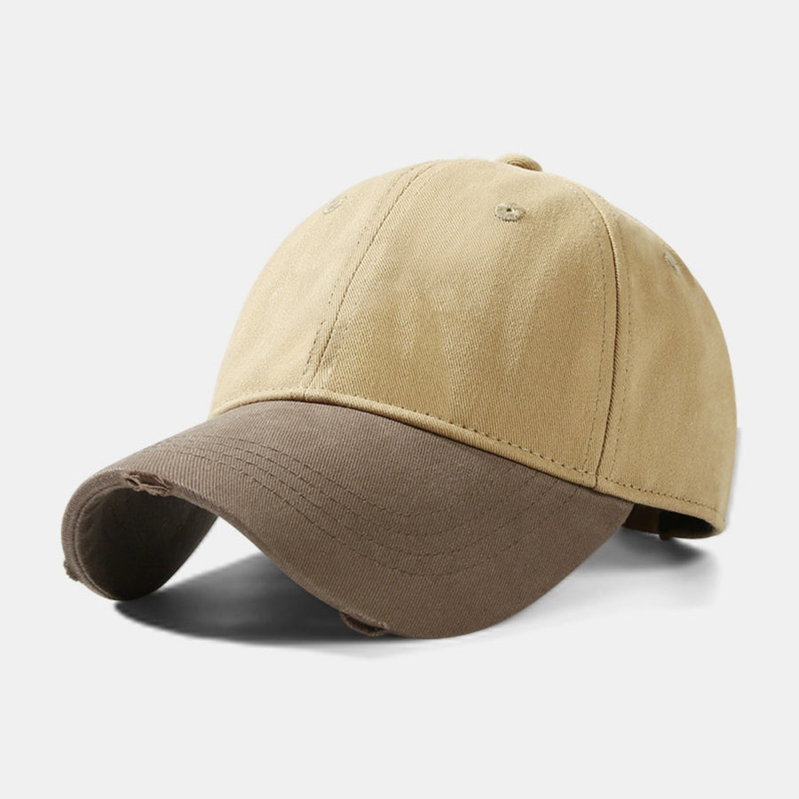 Distressed two-tone baseball cap in tan and coffee brown cotton with a curved brim.