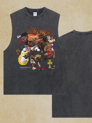 Black vintage graphic muscle tank top with boxing graphic print.