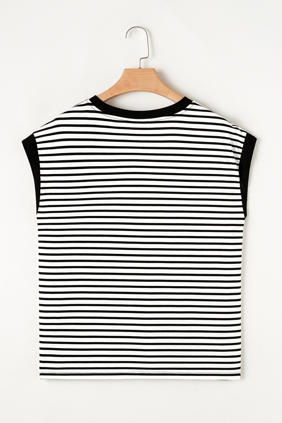 Black and white striped t-shirt with black trim and cap sleeves.