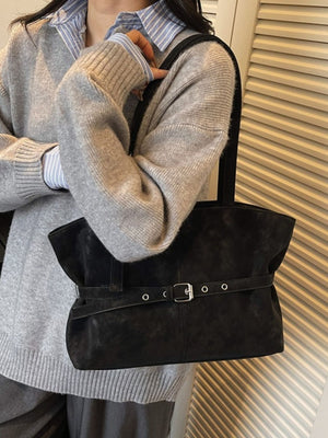 Washed Suede Buckle Detail Tote Bag in Black with buckle detail