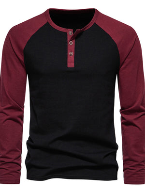 Men's black and wine red long sleeve cotton blend henley t-shirt with button detail.