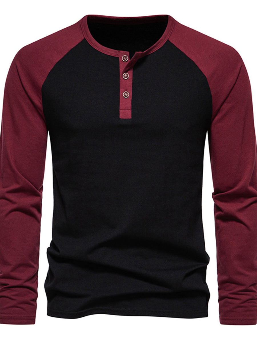 Men's black and wine red long sleeve cotton blend henley t-shirt with button detail.