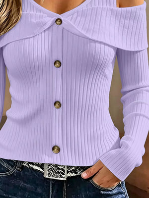Sky Blue fitted cold shoulder top with v-neck