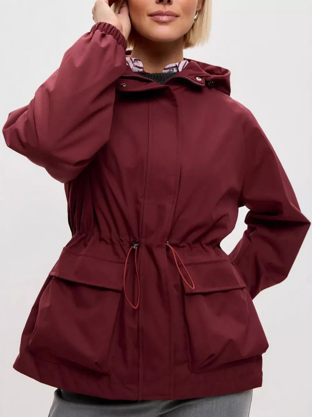 Drawstring Waist Hooded Windbreaker in Brown with drawstring