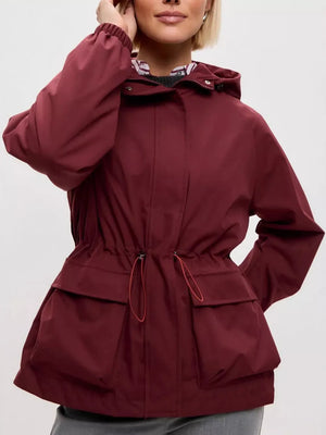 Drawstring Waist Hooded Windbreaker in Brown with drawstring