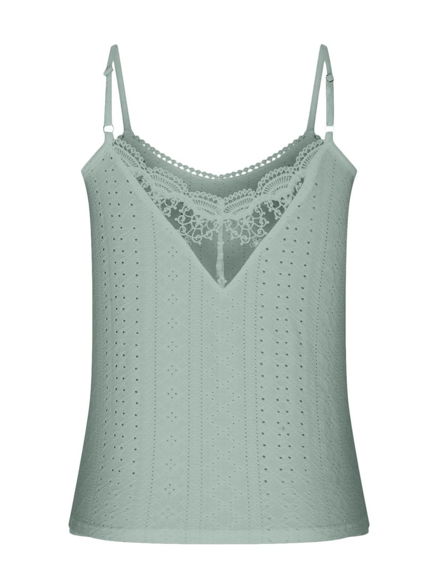 Eyelet lace inset cami top in Air Force Blue with v-neck and adjustable straps