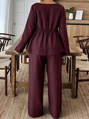 Wine red ruched two-piece set with square neck and wide leg pants
