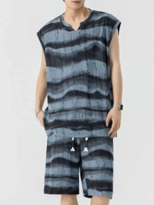 Men's casual tank and shorts set in Air Force Blue with a wavy stripe pattern.