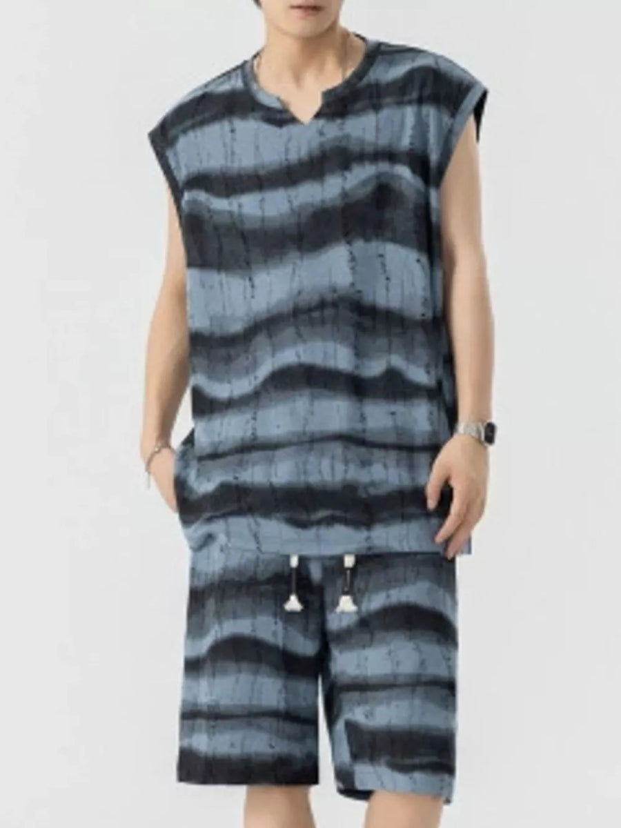 Men's casual tank and shorts set in Air Force Blue with a wavy stripe pattern.