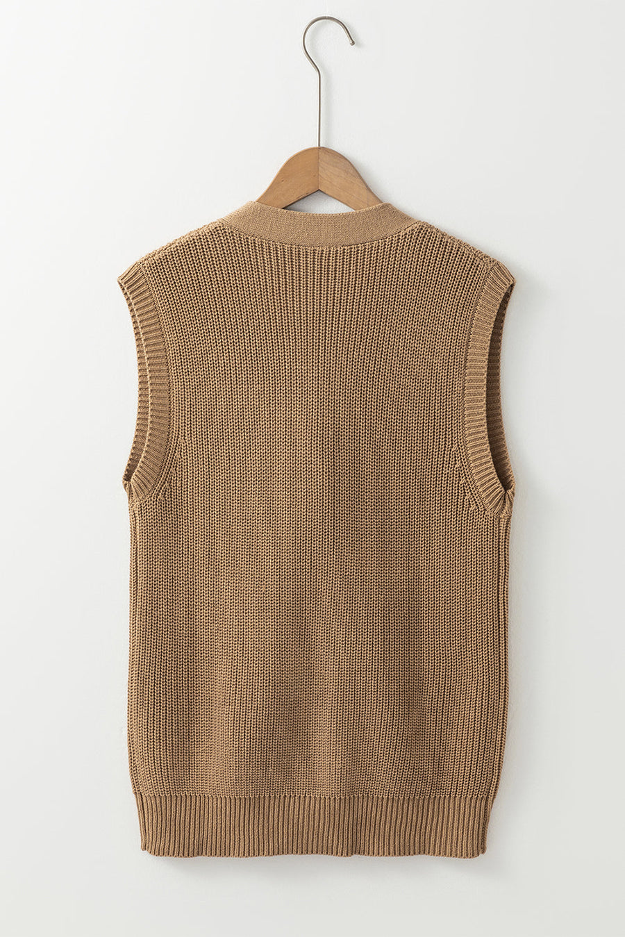 Camel ribbed button-down cardigan vest in acrylic blend.