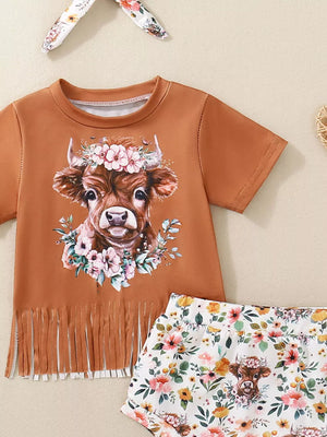 Brown cotton baby set with cow graphic tee and floral shorts, fringe detail