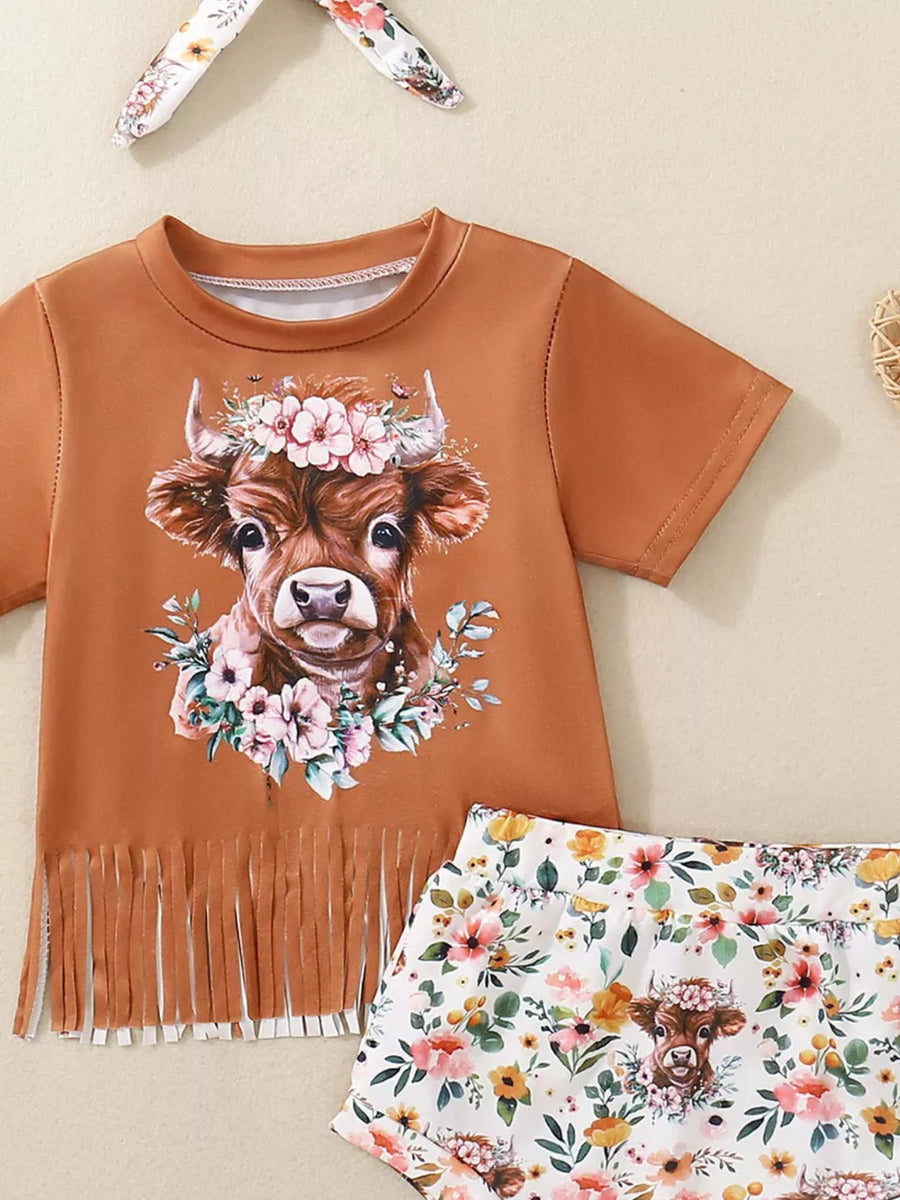 Brown cotton baby set with cow graphic tee and floral shorts, fringe detail