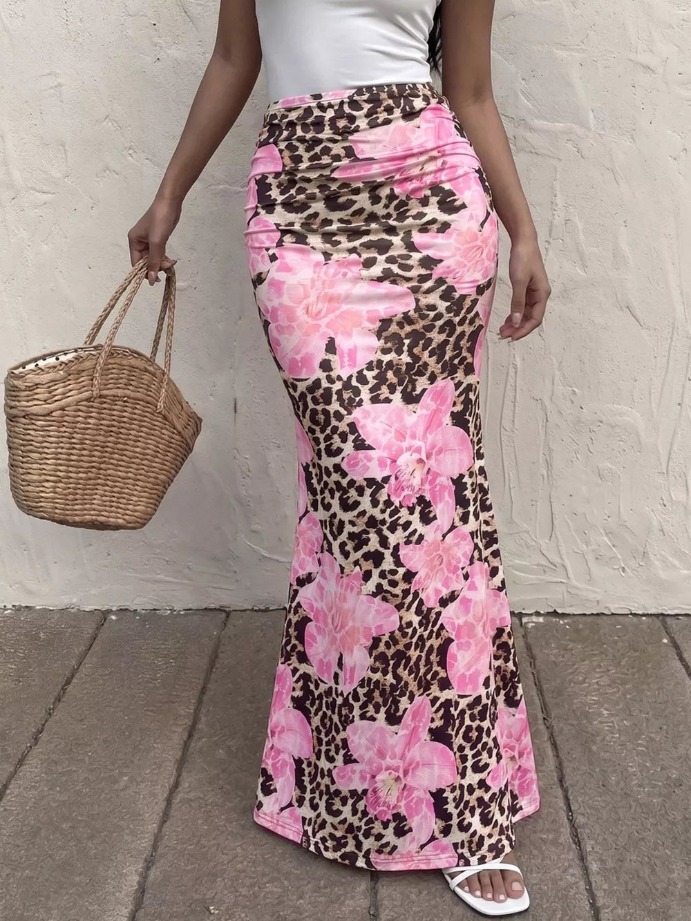 Leopard floral bodycon maxi skirt in blush pink with ruched detail.