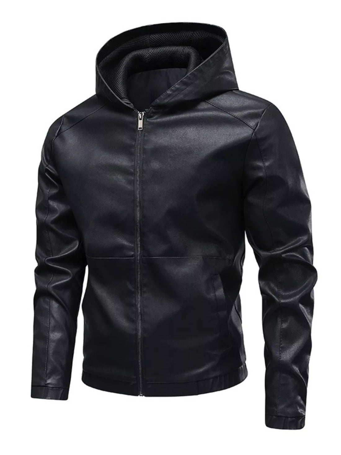 Men's black faux leather hooded moto jacket with zip front and pockets.