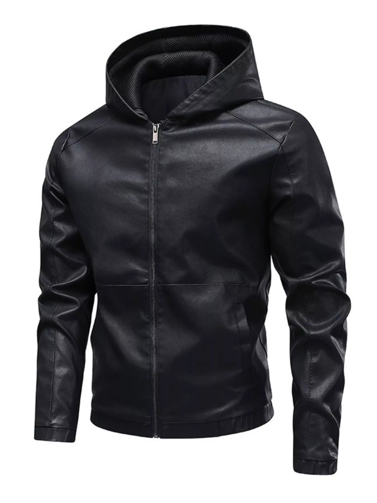 Men's black faux leather hooded moto jacket with zip front and pockets.