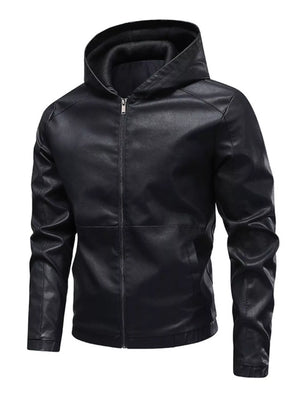 Men's black faux leather hooded moto jacket with zip front and pockets.