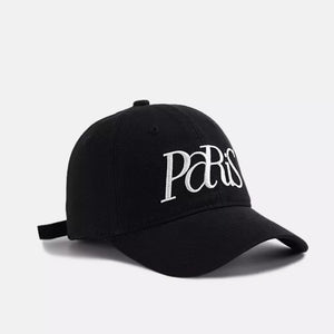 Black baseball cap with white embroidered Paris text