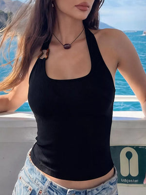 Black ribbed halter tank top with scoop neck and unique strap detail.