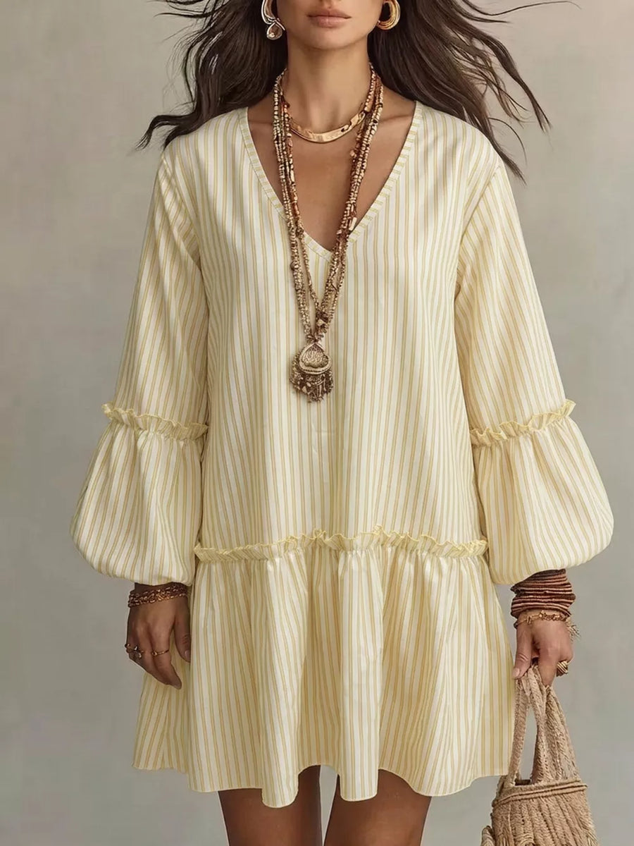 Light Blue Striped Balloon Sleeve Mini Dress Plus Size