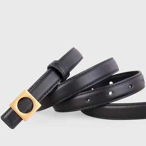 Black skinny cowhide leather belt with gold square buckle and adjustable holes.