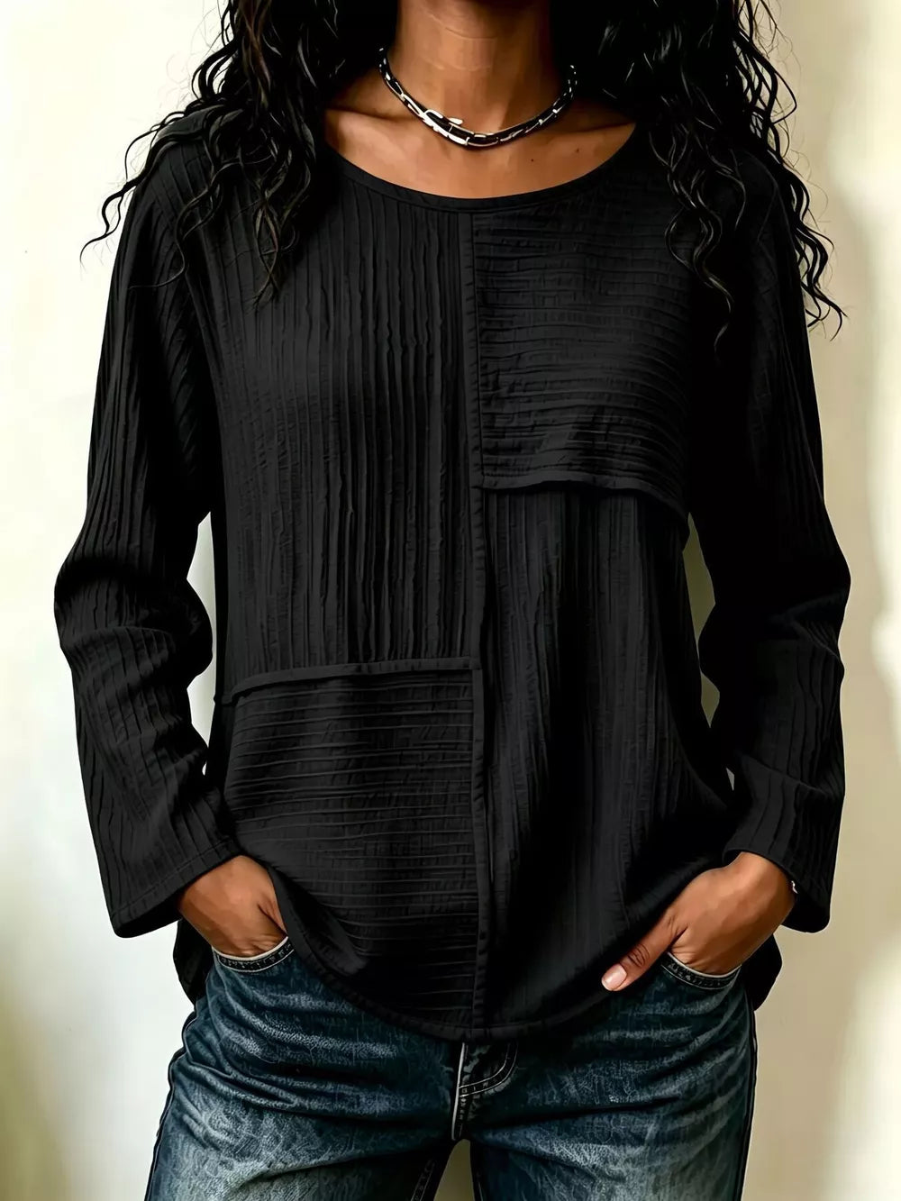 blouse in Black with patchwork and seam detail