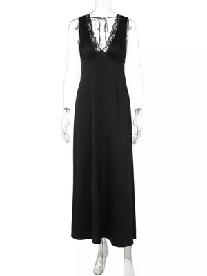 Black lace-trimmed sleeveless maxi gown with a V-neck and tie detail.