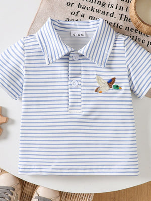 Light blue striped polo shirt for baby with embroidered duck detail