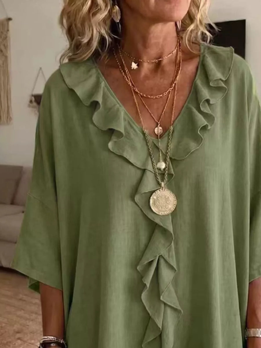 White Full Size Ruffle V-neck 3/4 Sleeve Blouse Plus Size