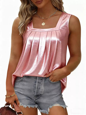 Pink square neck pleated tank top with a shiny finish.