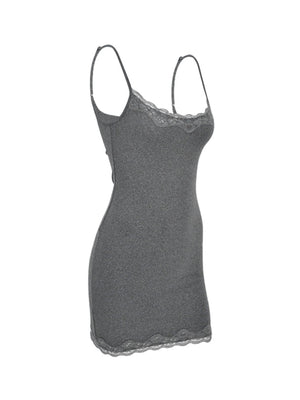 Grey lace trim bodycon mini dress with spaghetti straps and lace hem.