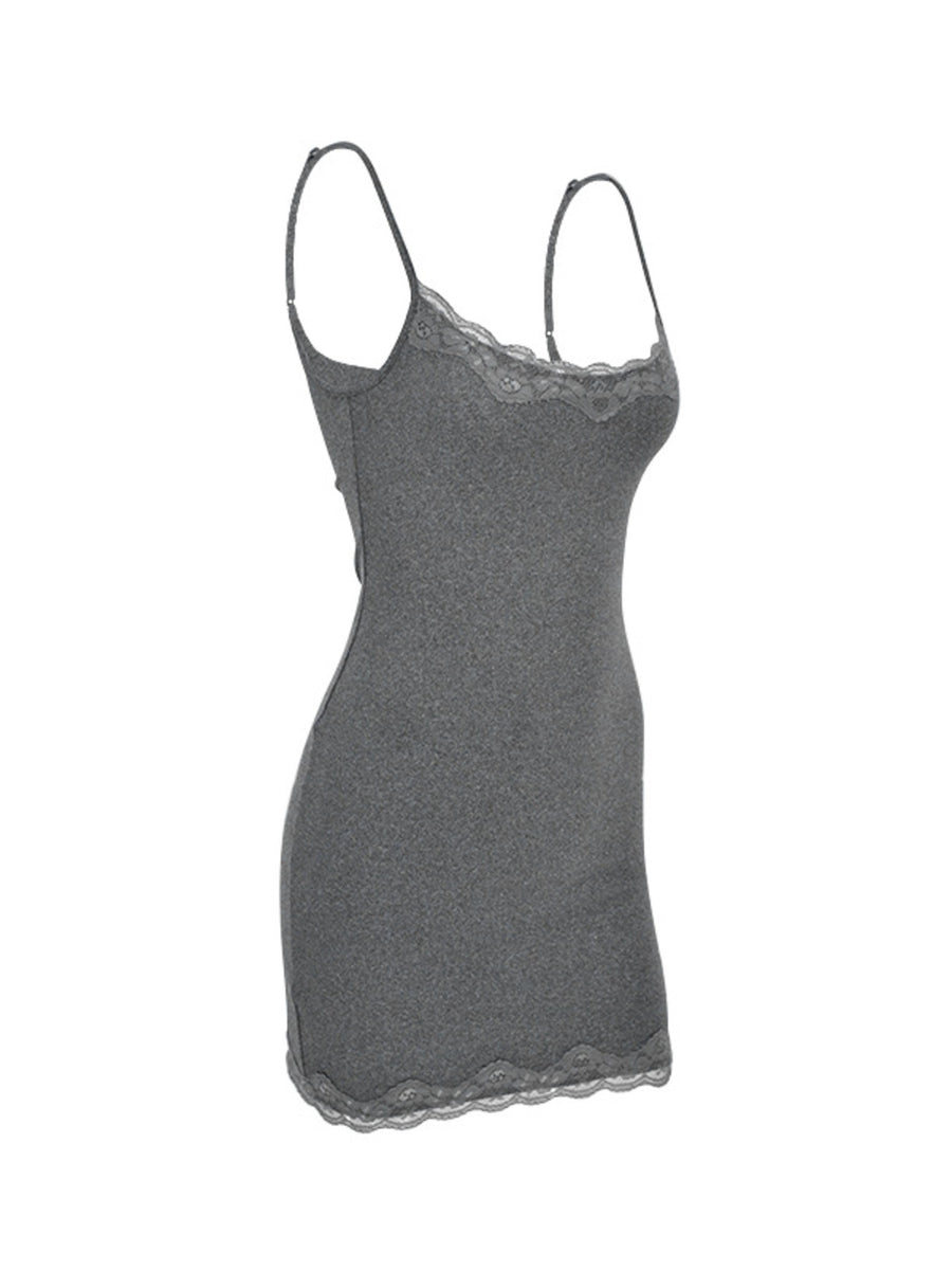 Grey lace trim bodycon mini dress with spaghetti straps and lace hem.