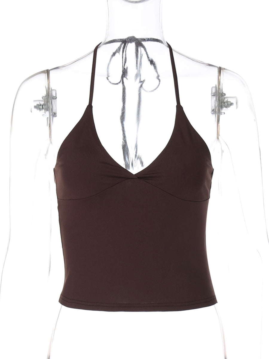 Coffee brown halter neck cami with twist detail and tie back.