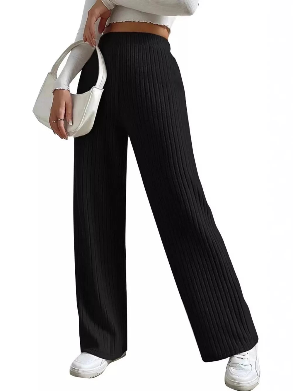 Black wide-leg pants with full-length and elastic