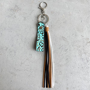 Aqua textured leather tassel keyring with multiple color tassels