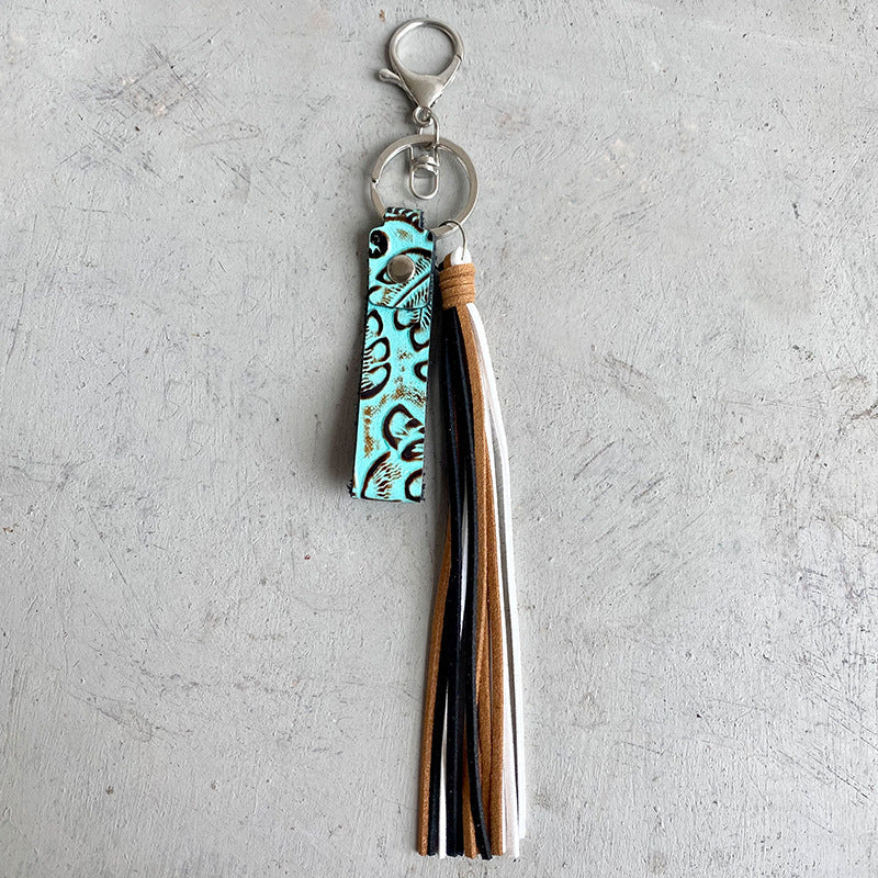 Aqua textured leather tassel keyring with multiple color tassels