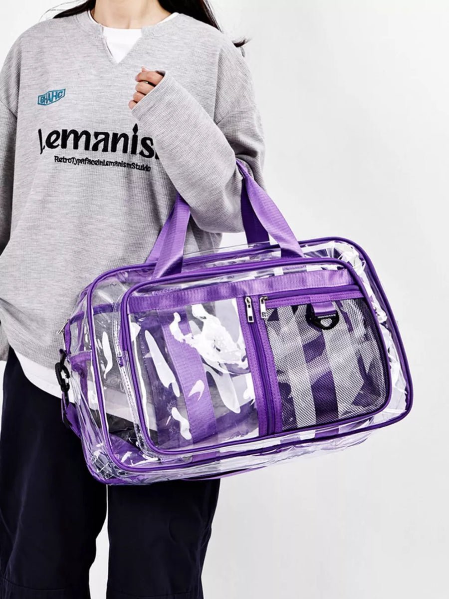 Clear purple duffel bag with striped accents and zippered compartments