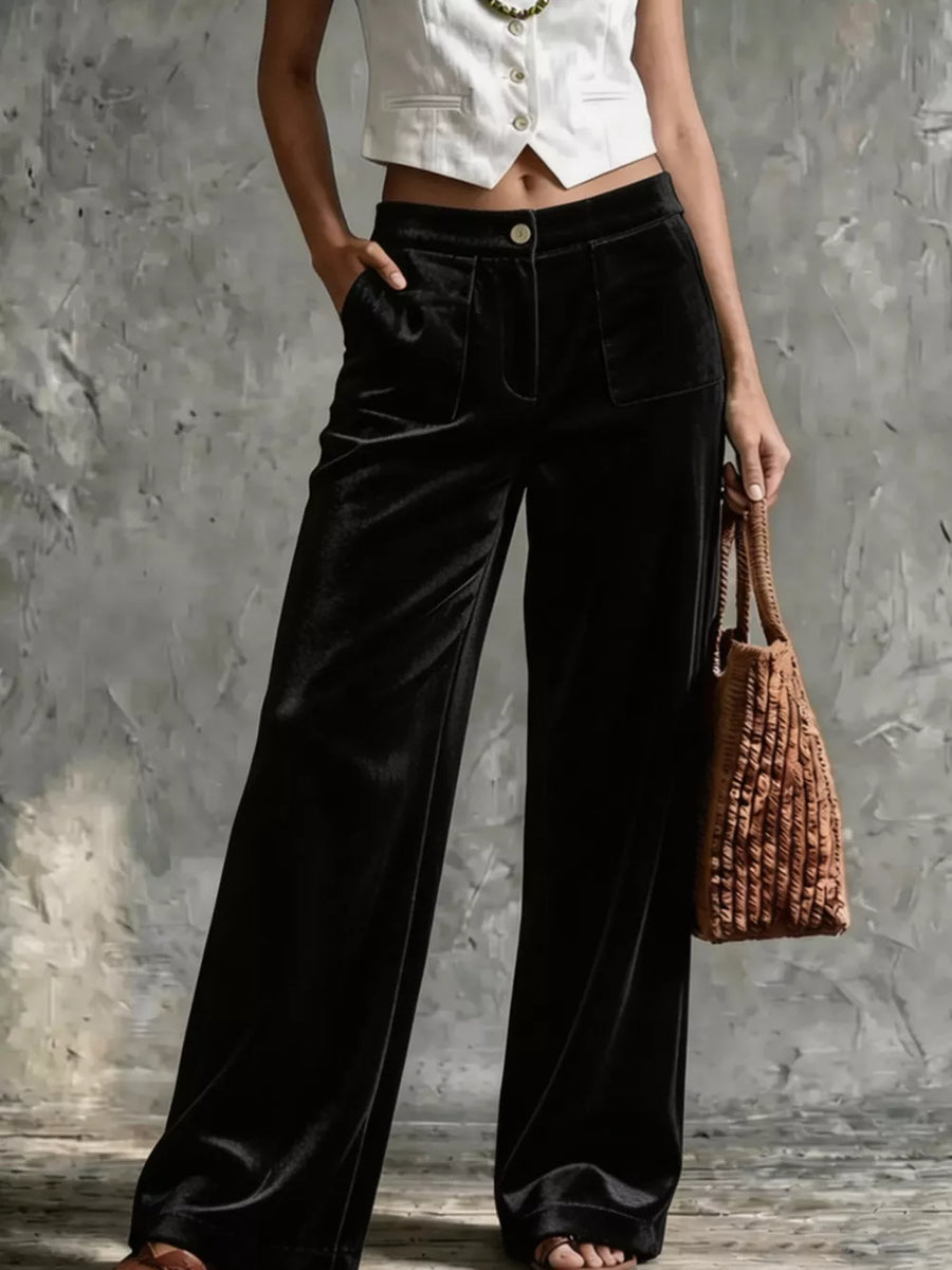 wide-leg pants in Beige with buttoned and full-length