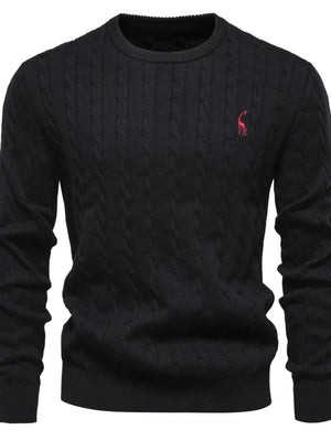 Black cable knit crewneck sweater with embroidered detail