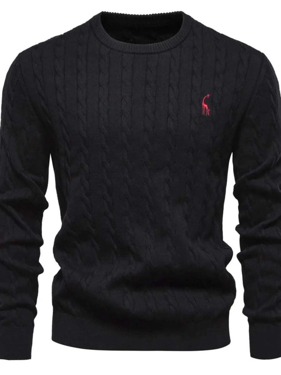Black cable knit crewneck sweater with embroidered detail