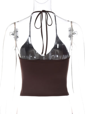 Coffee brown halter neck cami with tie detail and square neckline