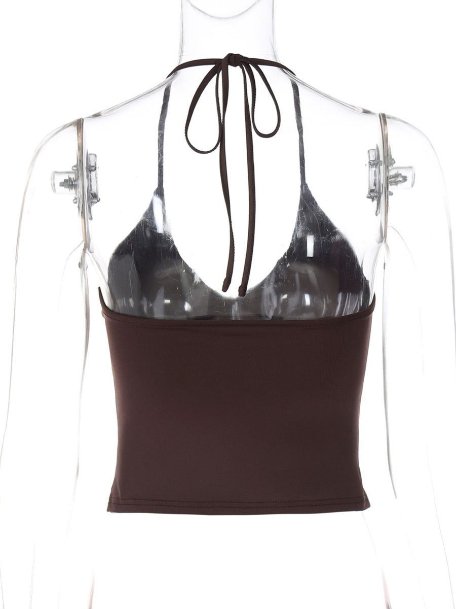 Coffee brown halter neck cami with tie detail and square neckline