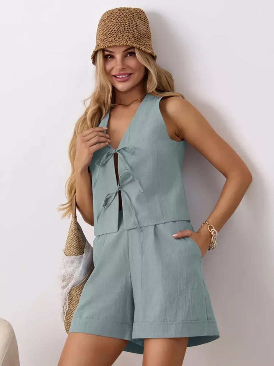 Blue cotton tie-front sleeveless top and shorts set with V-neck.