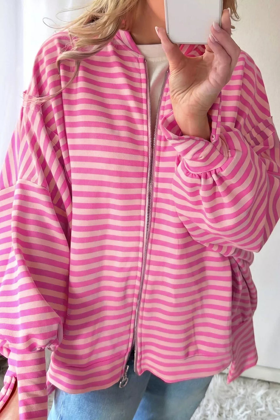 Striped Zip-up Loose Fit Hoodie option 5