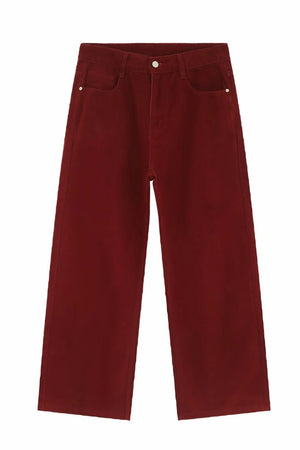 Burgundy wide-leg denim jeans with a relaxed fit and classic five-pocket styling.