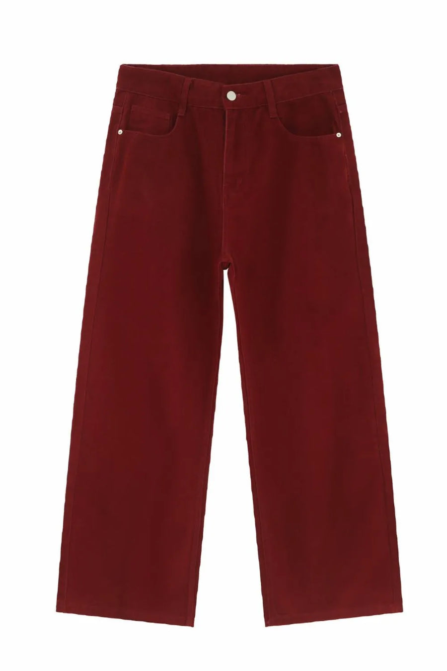 Burgundy wide-leg denim jeans with a relaxed fit and classic five-pocket styling.