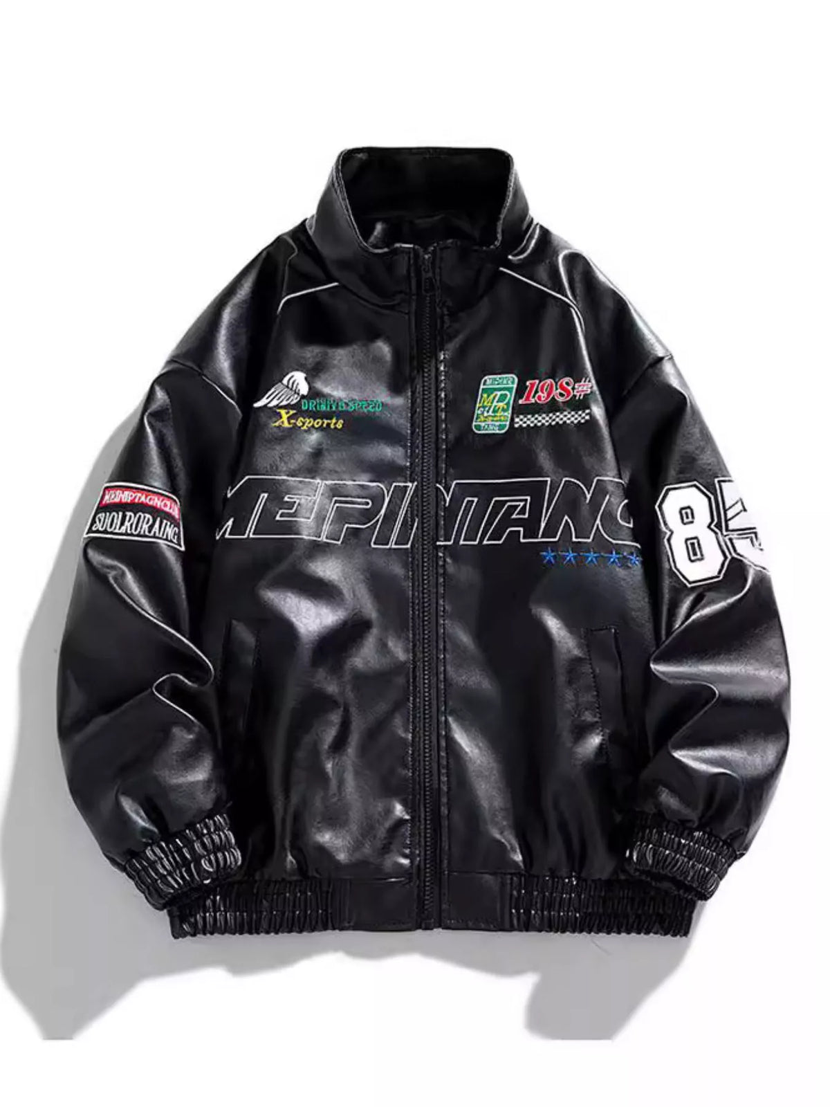 Black casual zip-up jacket with racing-inspired patches and white trim