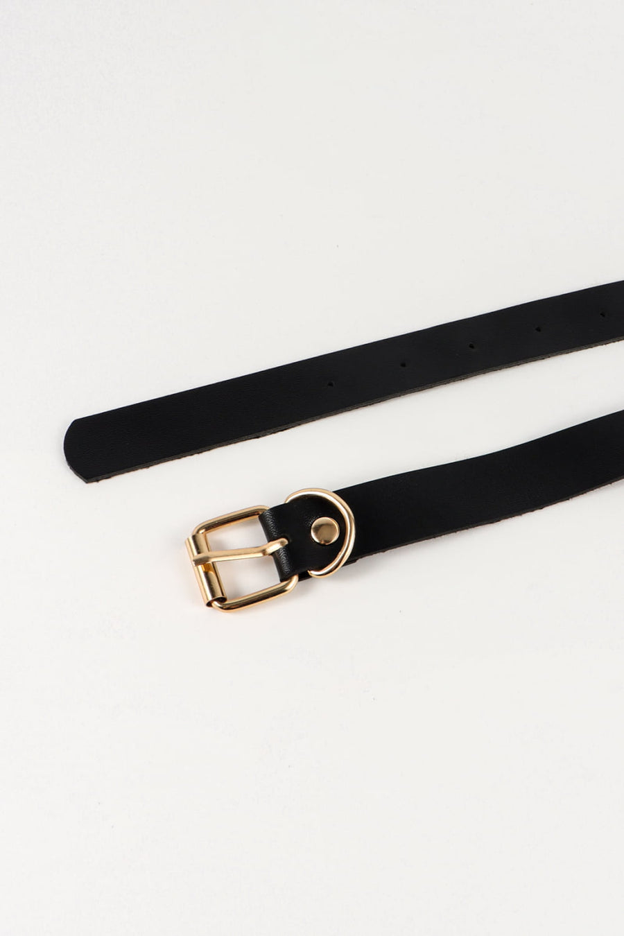Black leather belt with gold buckle and D-ring detail